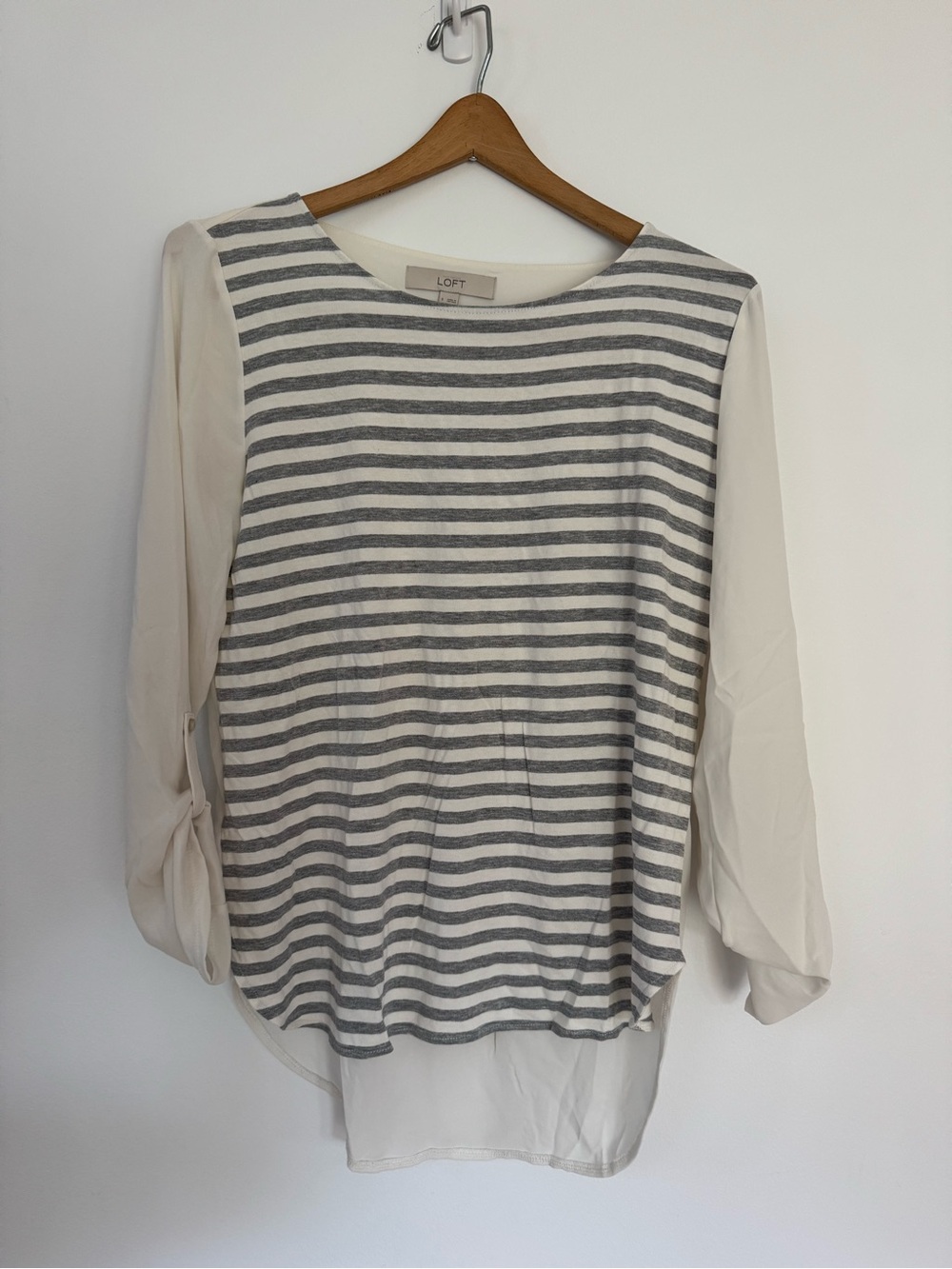 LOFT Gray Stripe & Cream Mixed-Media Boatneck Top